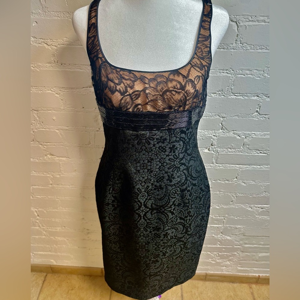 Brocade Lace LBD Carmen Marc Valvo Elegant Black Beaded & Delicate Upper Mini